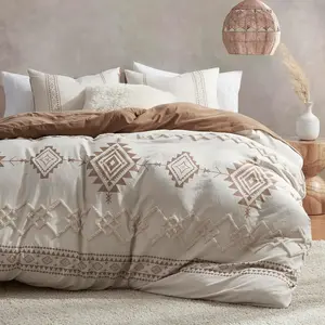 Boho Duvet Cover Set Beige & Terracotta Color Clash 3 Count Microfiber Bedding Set 90"x90" with Zipper Closure & 8 Ties for Comfortable Sleep