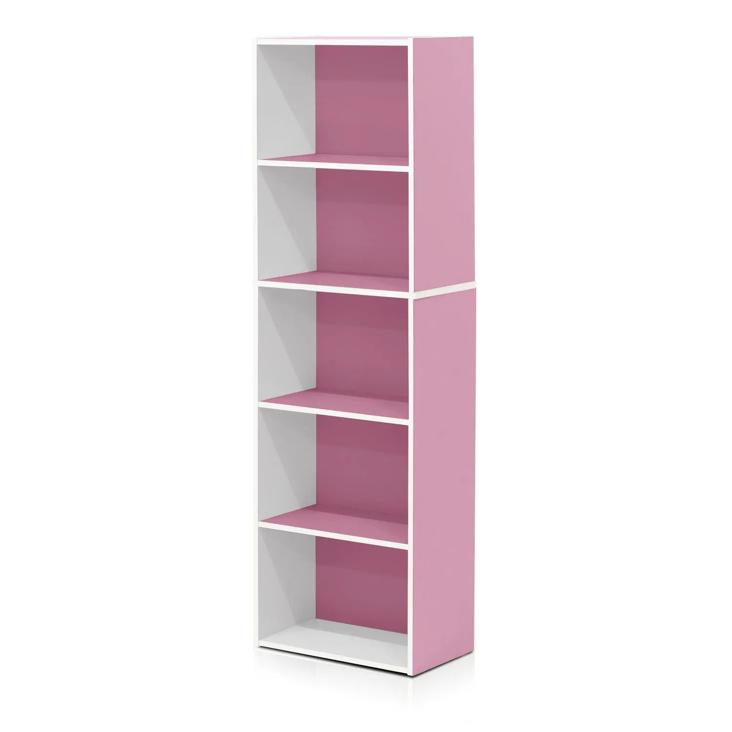 LUDER Modern Corner Bookshelf, 5-Cube Compact Particle Board Open Shelves (9.4x15.8x52in), Stylish Design, Easy Assembly, Room Storage Organizer for Living Room, Bedroom (White/Pink)
