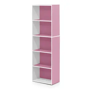 LUDER 5-Cube Compact Particle Board Bookcase with Open Shelves, 9.4x15.8x52in Stylish Look, Easy to Use for Living Room & Bedroom, White/Pink