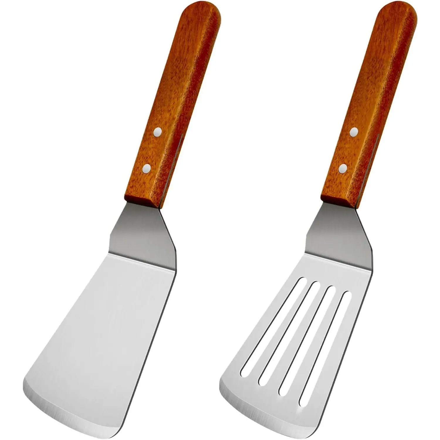 2Pcs Metal Spatulas Set, Metal Spatula for Cast Iron Skillet, Cooking Utensils Fish Egg Grill Spatula Stainless Steel Slotted Spatula, Wok Flat Top Small Metal Spatula Turner with Wood Handle