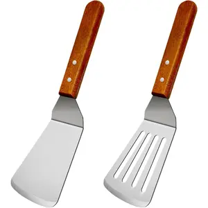2Pcs Metal Spatulas Set, Metal Spatula for Cast Iron Skillet, Cooking Utensils Fish Egg Grill Spatula Stainless Steel Slotted Spatula, Wok Flat Top Small Metal Spatula Turner with Wood Handle
