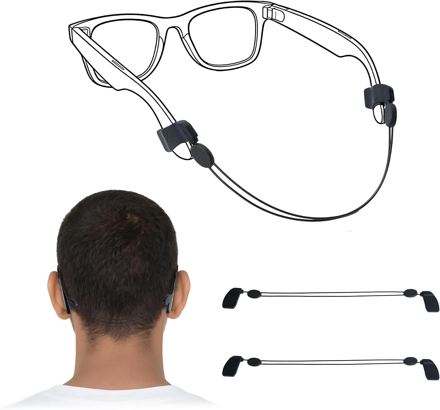 HiBloks 2Pcs Adjustable Eyeglass Strap Compatible with Ray-Ban Meta Gen 2 & Oakley Meta HSTN Accessories, No Tail Sunglasses Strap, Eyewear String Holder for Meta Smart Glasses (15 Inch, Black)