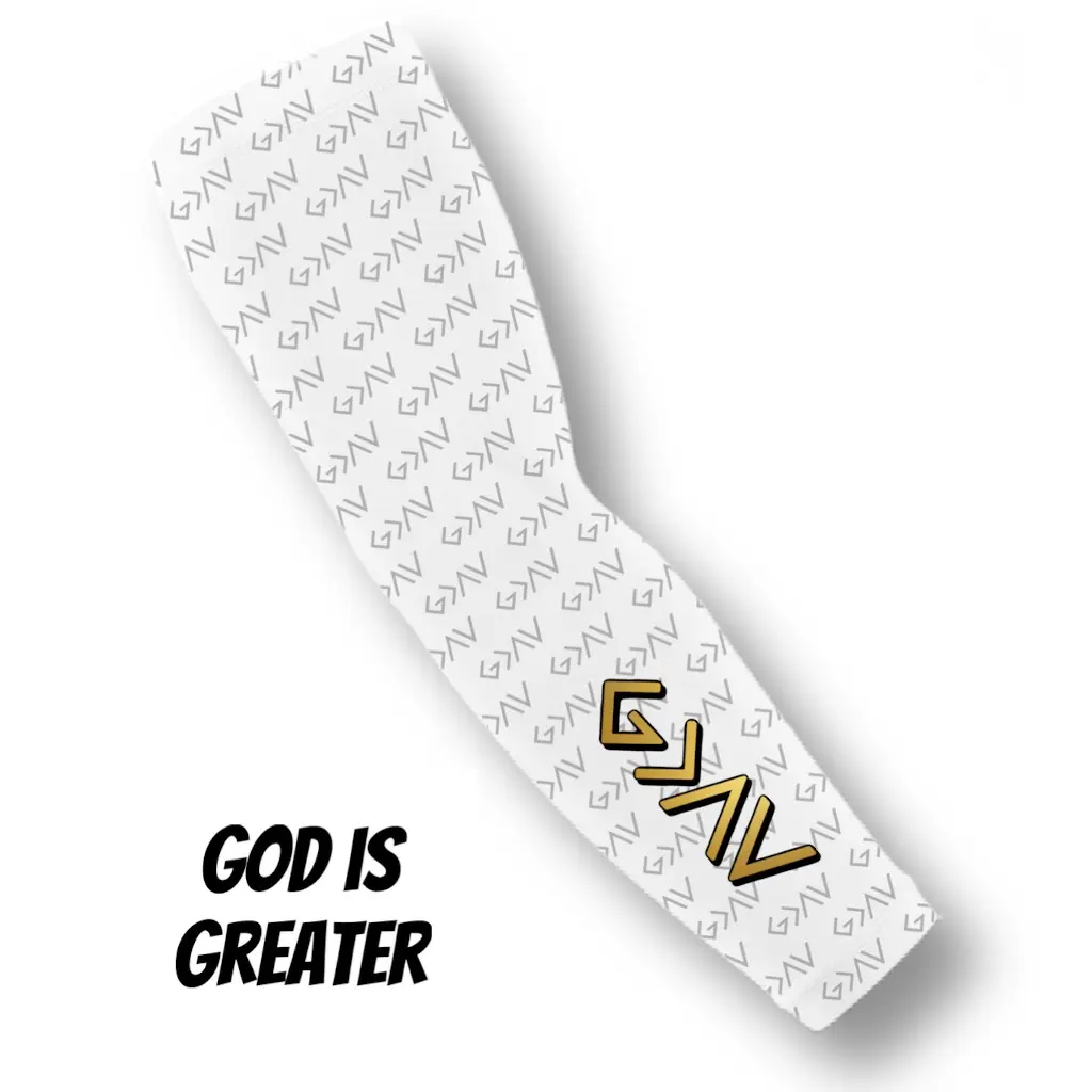 God is Greater Gold Arm Sleeve for Baseball, Football, Basketball - Compression and Support