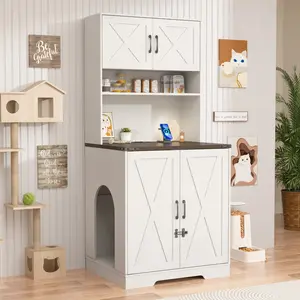 71" Tall Wooden Cat Litter Box Enclosure | Power Outlets + Open Shelves + Locks | Hidden Pet Washroom Cabinet (Brown, Living Room/Bedroom)