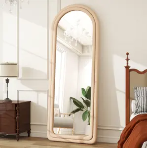 Arched Full Length Mirror 63"x24" Flannel Frame Light Brown Floor Mirror