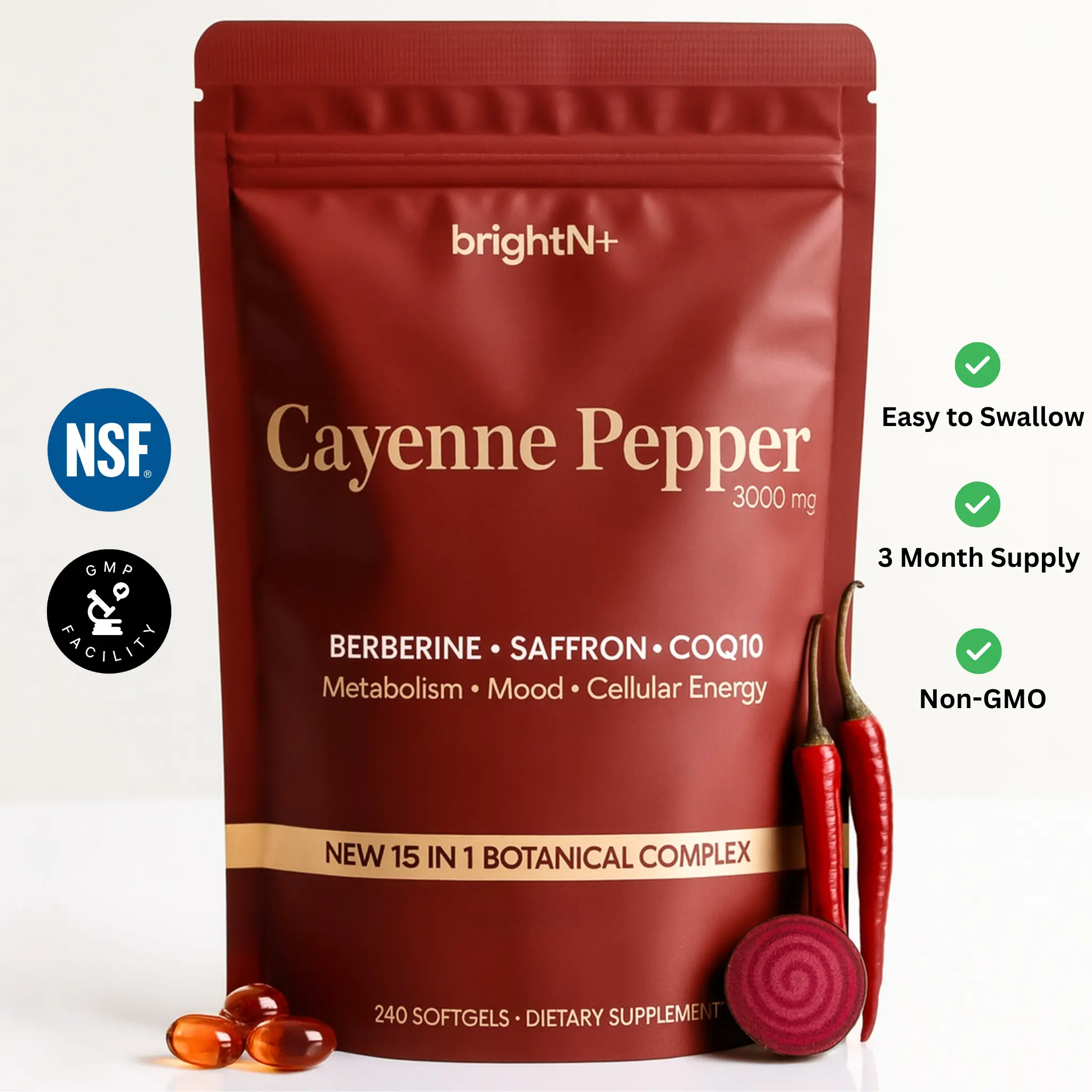 Cayenne Pepper Supplement 240 Softgels - Heart Health, Leg Vein, Blood Vessel Health, Energy, 15-in-1 Botanical Complex with Berberine, Saffron, D3+K2