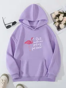 【Plus Size】 Letter & Flamingo Print Drop Shoulder Hoodie, Fashion Casual Drawstring Pocket Hooded Sweatshirt for Daily Holiday Outdoor Wear, Women Plus Clothing for Fall & Winter