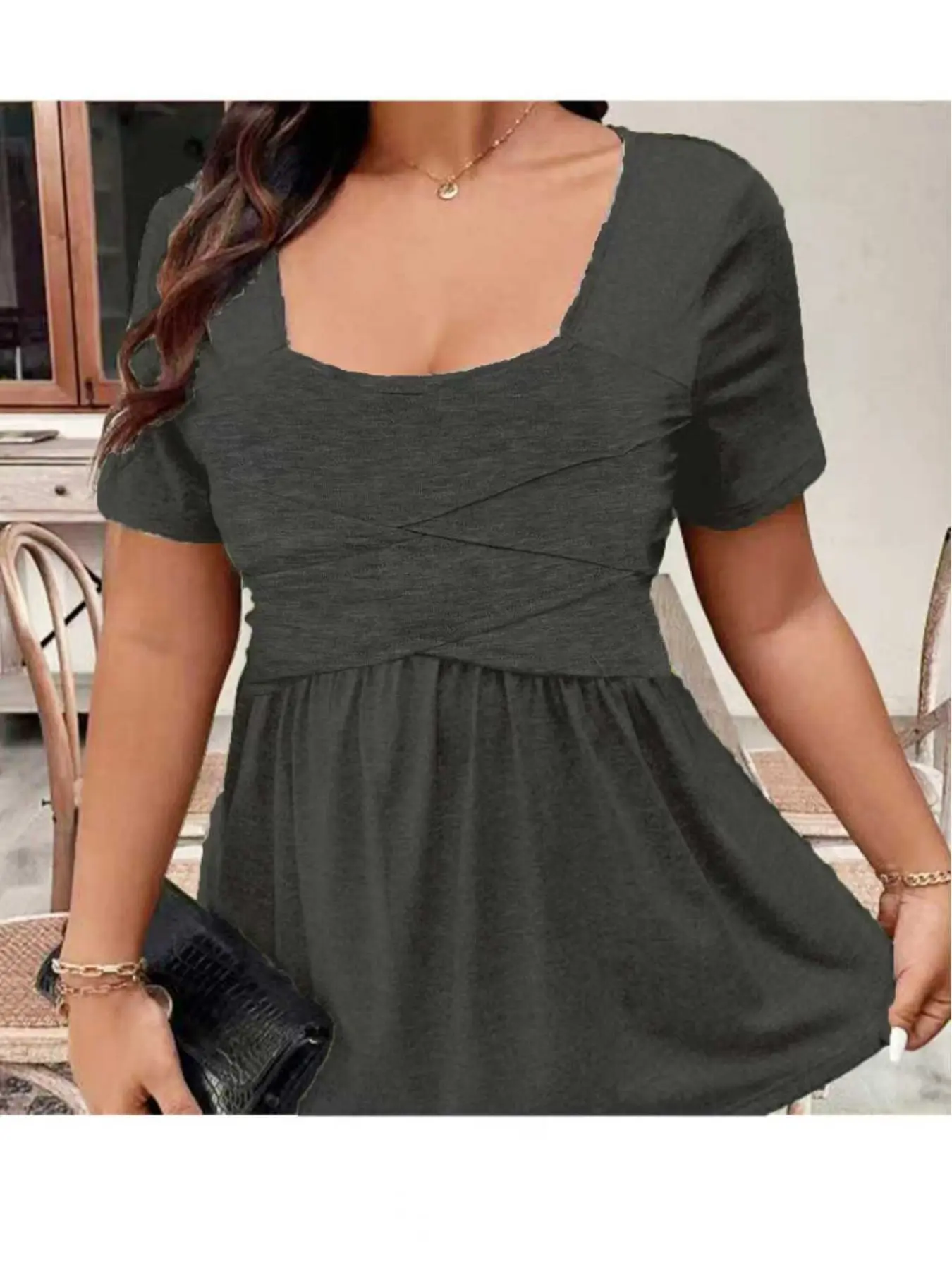 Women's Summer Short Sleeve Casual Fitted T-Shirt Tops, Pure Color Square Neck Cross-Belt Design, Chic, Aesthetic, Fashionable European Style, New Arrival 2026