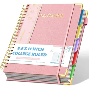 Aeshetic Hardcover Spiral Notebooks for Work with Removable Dividers & Tabs 8.5" X 11" Note Taking 5 Subject Notebook College Ruled A4 Linen Spiral Notebook for School Cute Journals for Women Writing