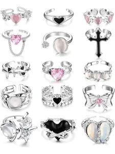 15 Pcs Y2k Stackable Rings For Women Teen Girls Irregular Adjustable Open Ring Vintage Punk Grunge Gothic Goth Moonstone Star Thorn Heart Shaped Ring Cross Bud Bow Ring Set