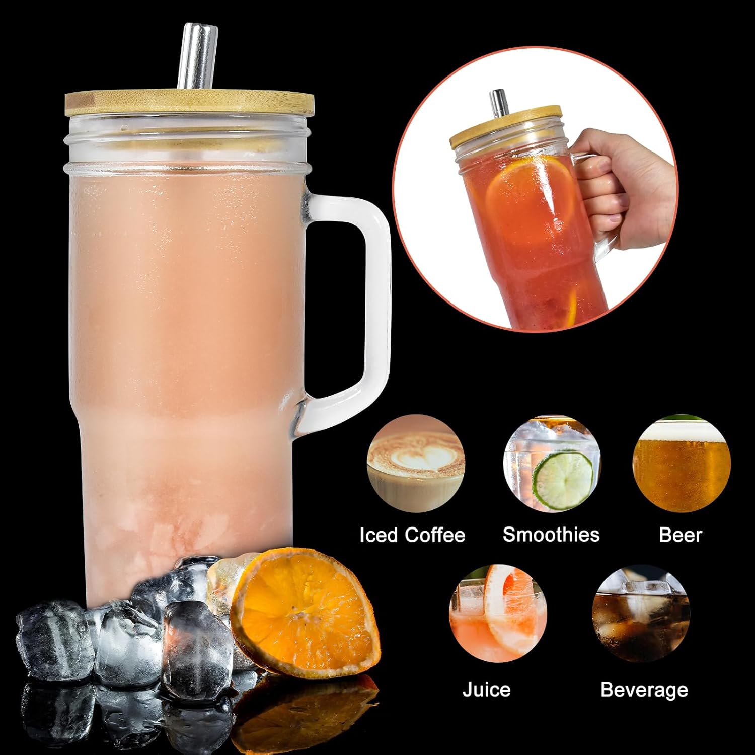 Glass Cups with Bamboo Lids and Straws,24oz Glass Tumbler with Handles,4-Pack Mason Jar with Lids and Straw Wide Mouth, Reusable Smoothies Cups, Iced Coffee Cups, Drinking Jars Travel Mugs