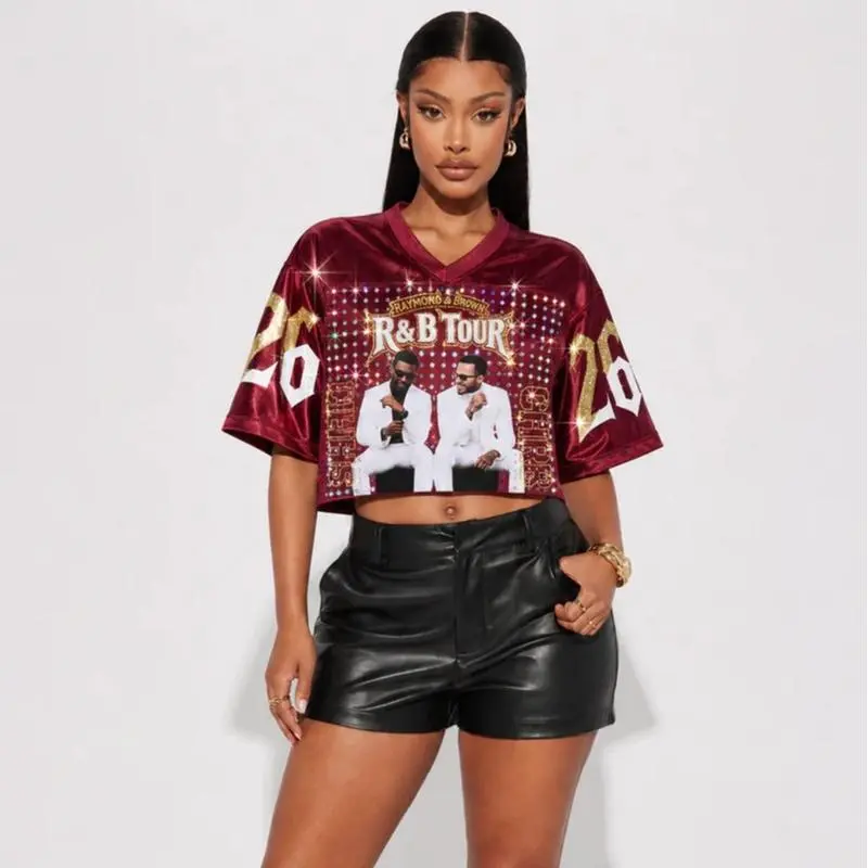 R&B Inspired Bling Crop Top Baseball Jersey, Rhinestone Style Concert Shirt, Music Fan Sports Tee, Hip Hop Streetwear Festival Gift