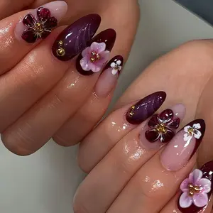 24pcs Gradient 3D Flower Nail Art, Almond Shape Medium Length Glossy Finish, Luxury French Gold Bead False Nails