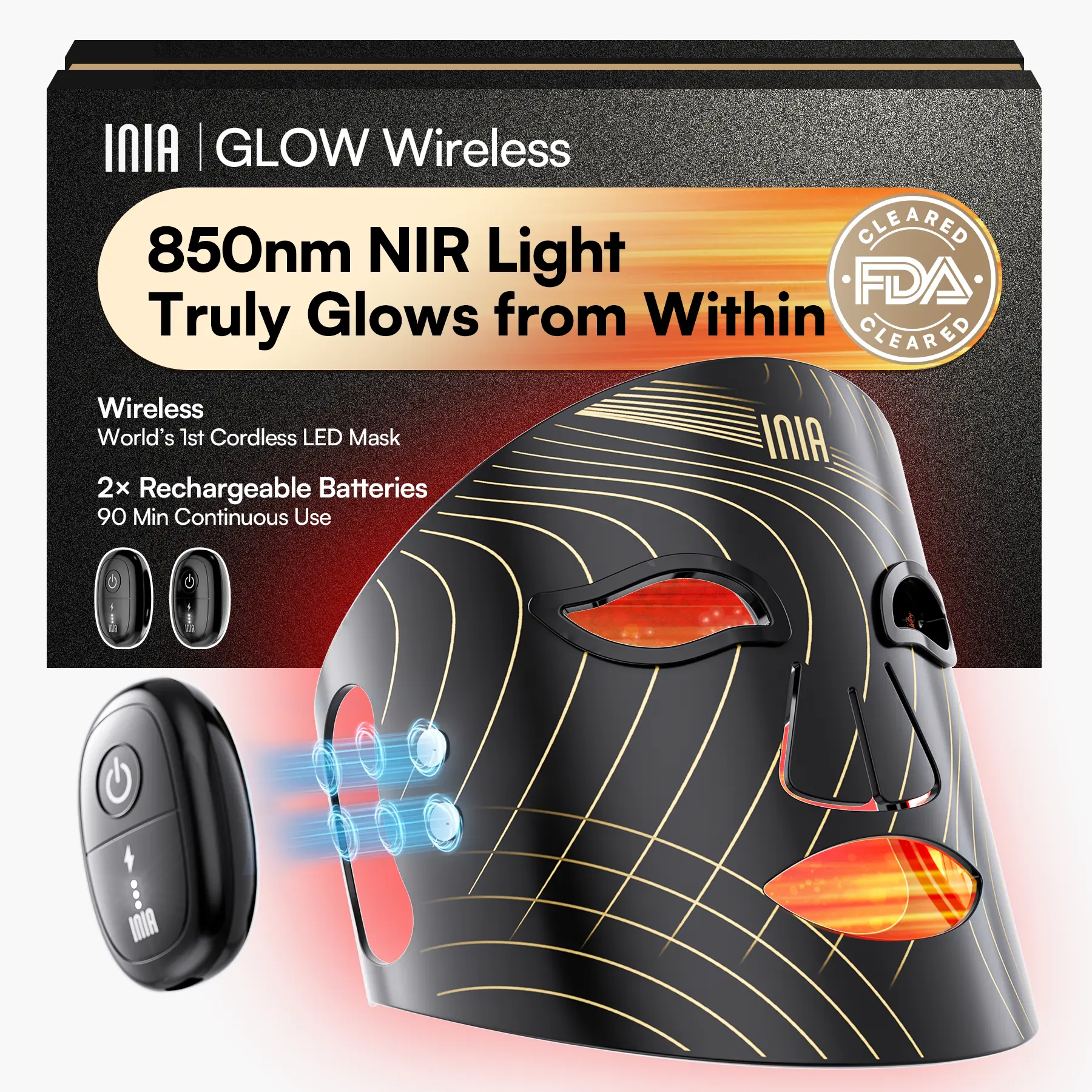INIA GLOW Wireless LED Face Mask-with Red Light Therapy, 2-Year Warranty, Portable and Rechargeable for LED Facial Mask Skincare at Home and Travel, Summer Travel Accessories