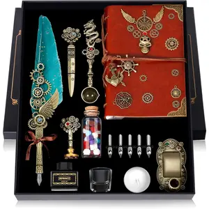 Quill Pen and Ink Set With Quill and 5 Replaceable Nibs,Seal ,Spoon,Wax Beads,White Wax,Pen Holder, Cup,Envelope,Letter Paper,Envelope Tool(green)