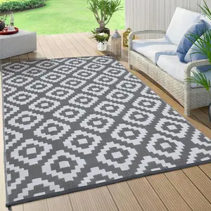 Outdoor Rug Waterproof Reversible Lightweight Mat Plastic Straw Rug Large Camping Rug for RV Backyard Patio Deck Picnic Beach Trailer, Outdoor Modern Area Rugs Grey White Square