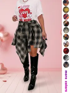 Women's Fashion Plaid Print Asymmetrical Hem High Waisted Skirt, Summer Clothes Women Casual Elastic Waist Tiered Layer Knee Length Skirt For Summer Going Out Streetwear
