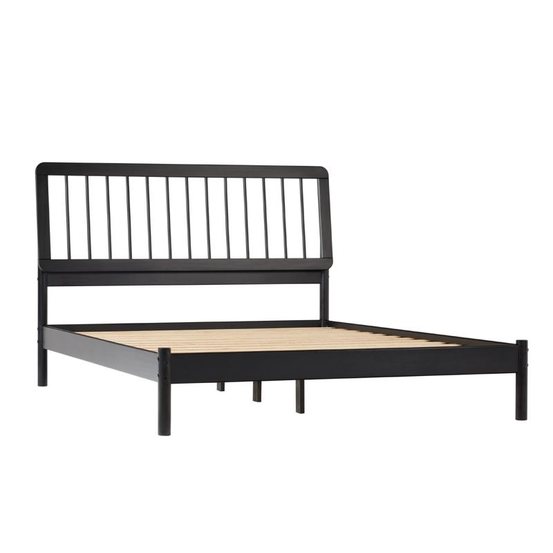 Walker Edison Mid-Century Modern Solid Pine Wood Queen Platform Bed Frame - Unique Bedroom Furniture, Warp-Resist Spindle Back, Sturdy, Quick Assembly Required, No Box Spring Needed, Durable, 44.88" H X 63.75" W X 85" L, Black