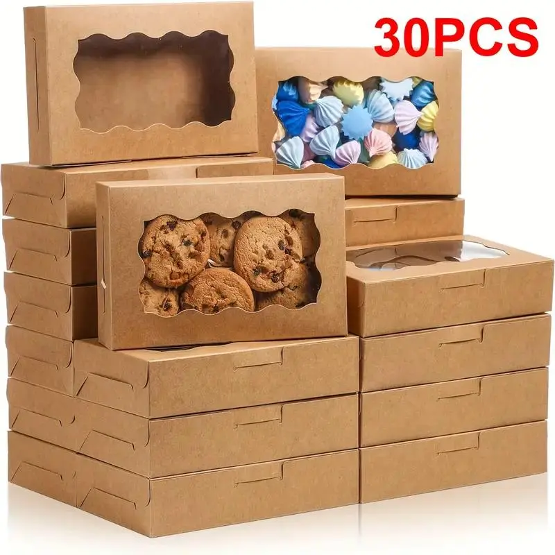 Kraft Paper Bakery Box with Clear Window, Bakery Supplies, 30pcs Small Treat Container Cupcake Boxes for Dessert Cookies Cupcakes Candy, Perfect for Wedding Birthday Party