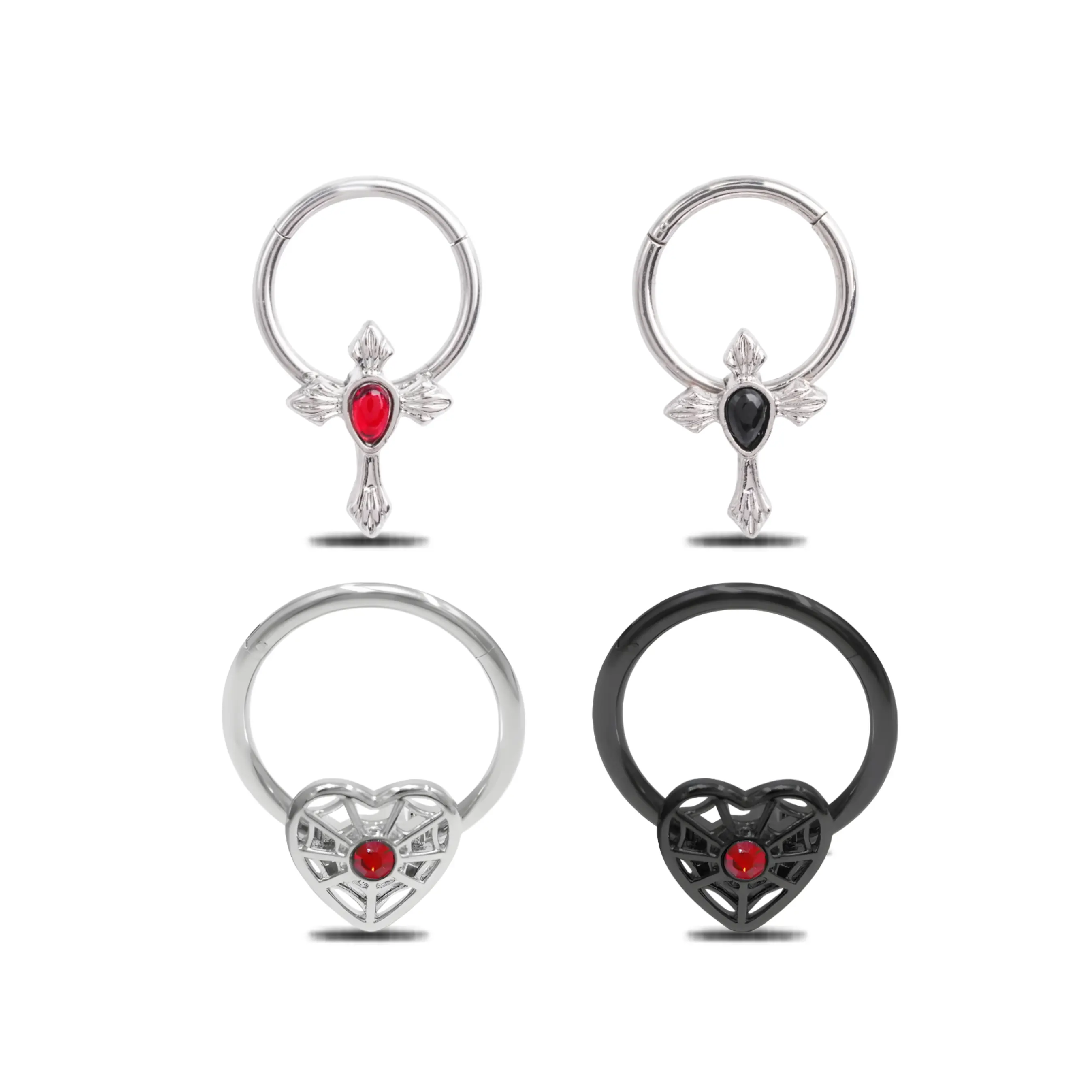 HERVAY Gothic Punk 16G/10MM Stainless Steel Body Piercing Jewelry Cross Heart Zircon Nose Ring Black Closure for Nipple Chest Hypoallergenic Women Men