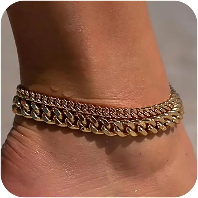 Chunky Cuban Link Anklets for Women, Waterproof Layered Plated Copper Chain Set, Adjustable and Hypoallergenic Jewelry, Everyday Wear, Layered Chains