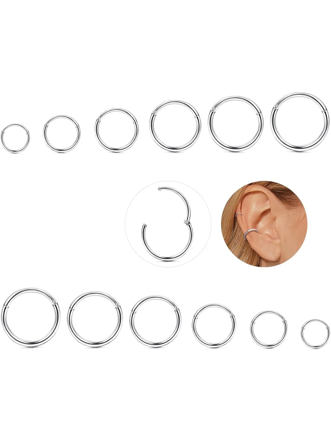 12 Pcs Steel Nose Rings Conch Hoops Septum Piercing 16G Segment Ring Body Piercing Nose Hoop Lip Rings Cartilage Helix Earrings for Women Men 6-16mm Nose Ring Jewelry Body Piercings Set Helix Pierced Ring