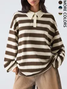 Women's Striped Polo Neck Long Sleeve Cozy Sweatshirt, Lady Vintage Casual Style, Loose Fit Comfortable Daily Wear, Spring & Fall Fashion