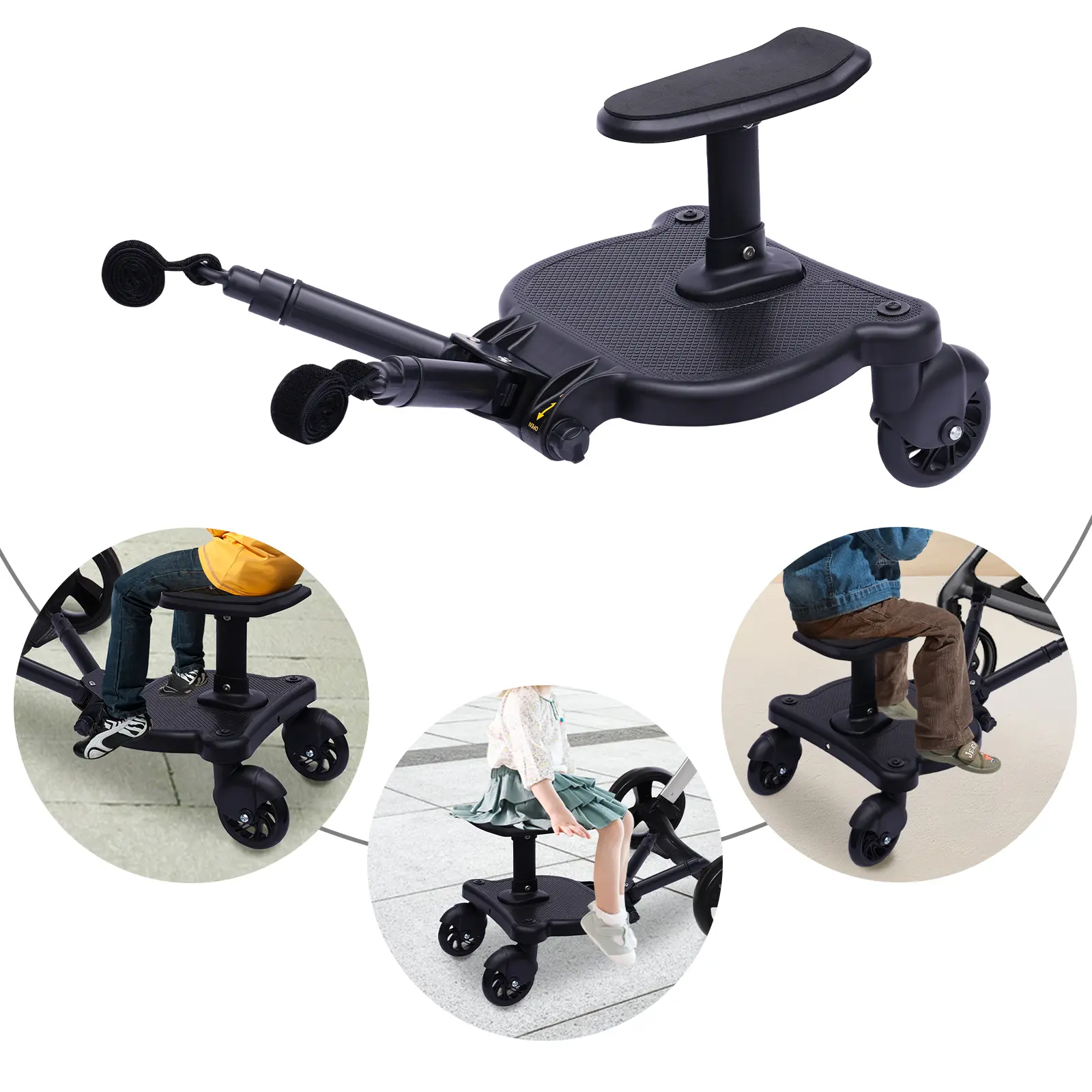 CNCEST Universal Stroller Connectors - Baby Infant Buggy Step Board with Seat, Adjustable Height & Length, 3-7 Ages, 25kg Load Capacity, Black PP PU EVA Materials