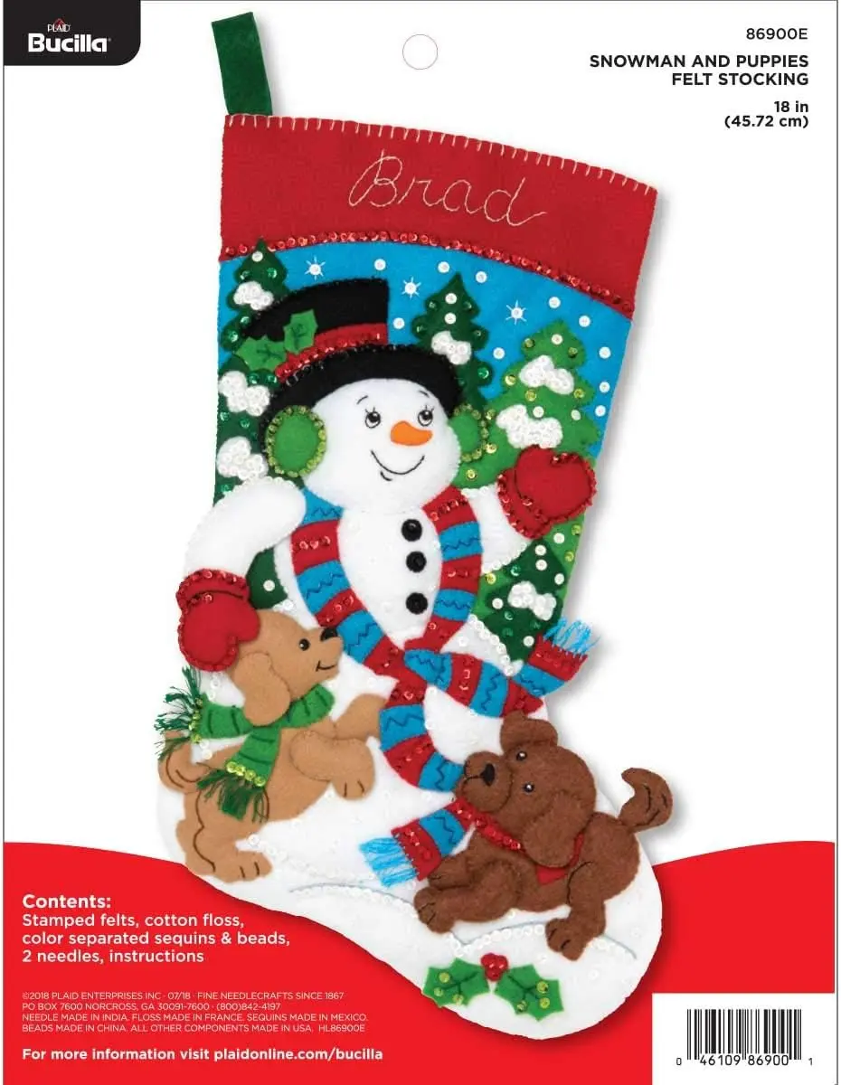 Bucilla Cotton Felt Applique Christmas Stocking Kit - 18in Decoration, Snowman and Puppies Design, Jolly Christmas Decor, Holiday Gift for Home Festive Supplies