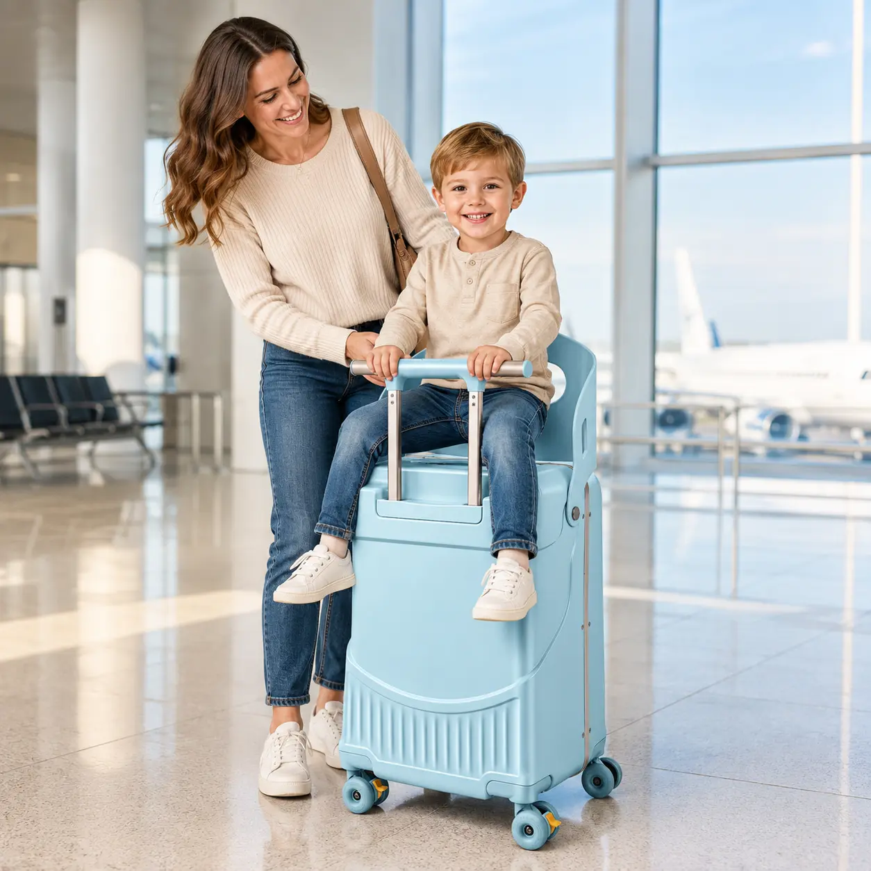 Safe Kids Ride‑On Luggage Carry‑On, Secure Seat & Backrest Design with Safety Buckle, Anti‑Tip Rolling Suitcase for Mom & Kids Summer Travel