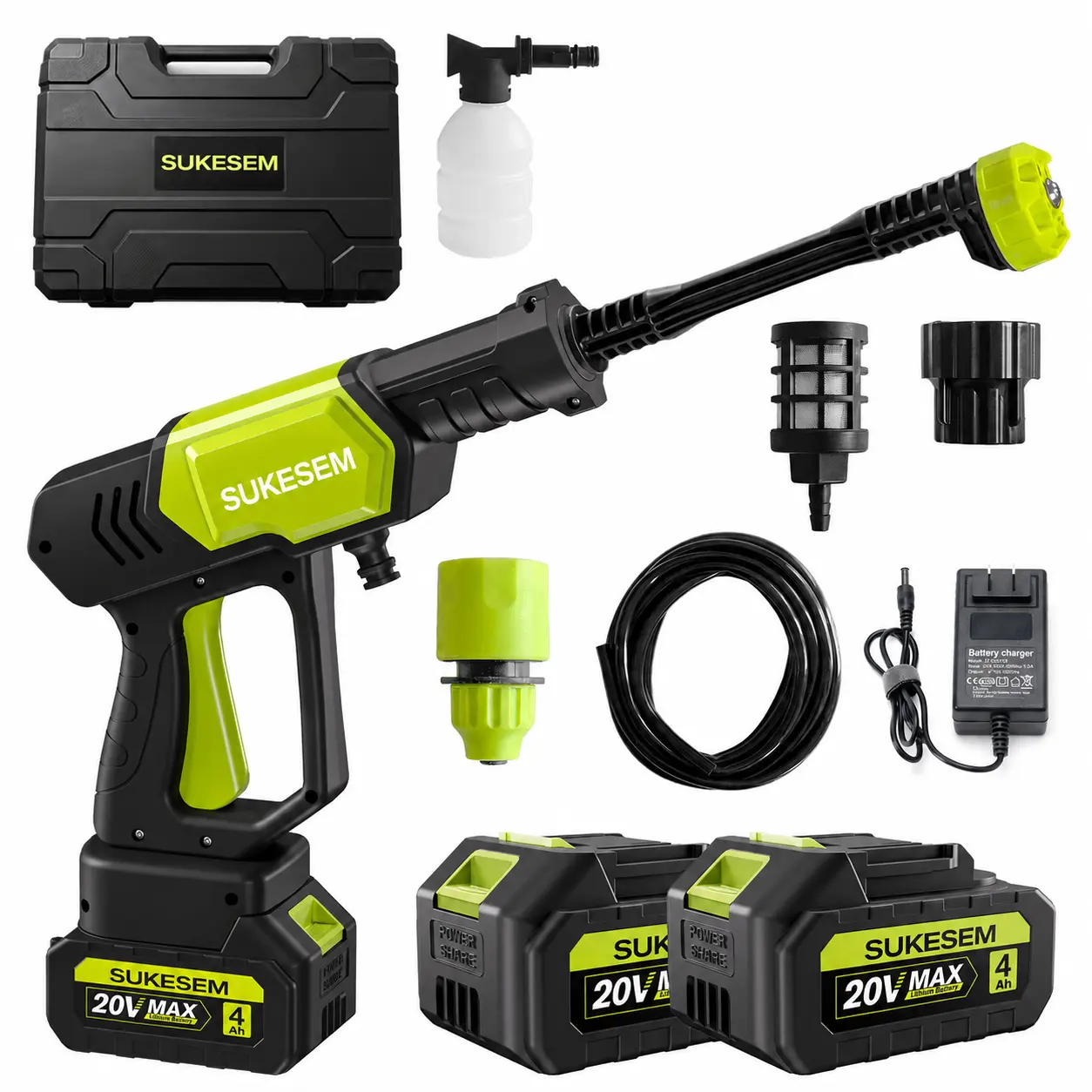 SUKESEM Wireless High-Pressure Cleaner, Portable Power Washer with Dual Batteries, Foam Cannon & Spray Nozzle, High Pressure Water Cleaner for Car Washing, Garden Watering and Outdoor Cleaning