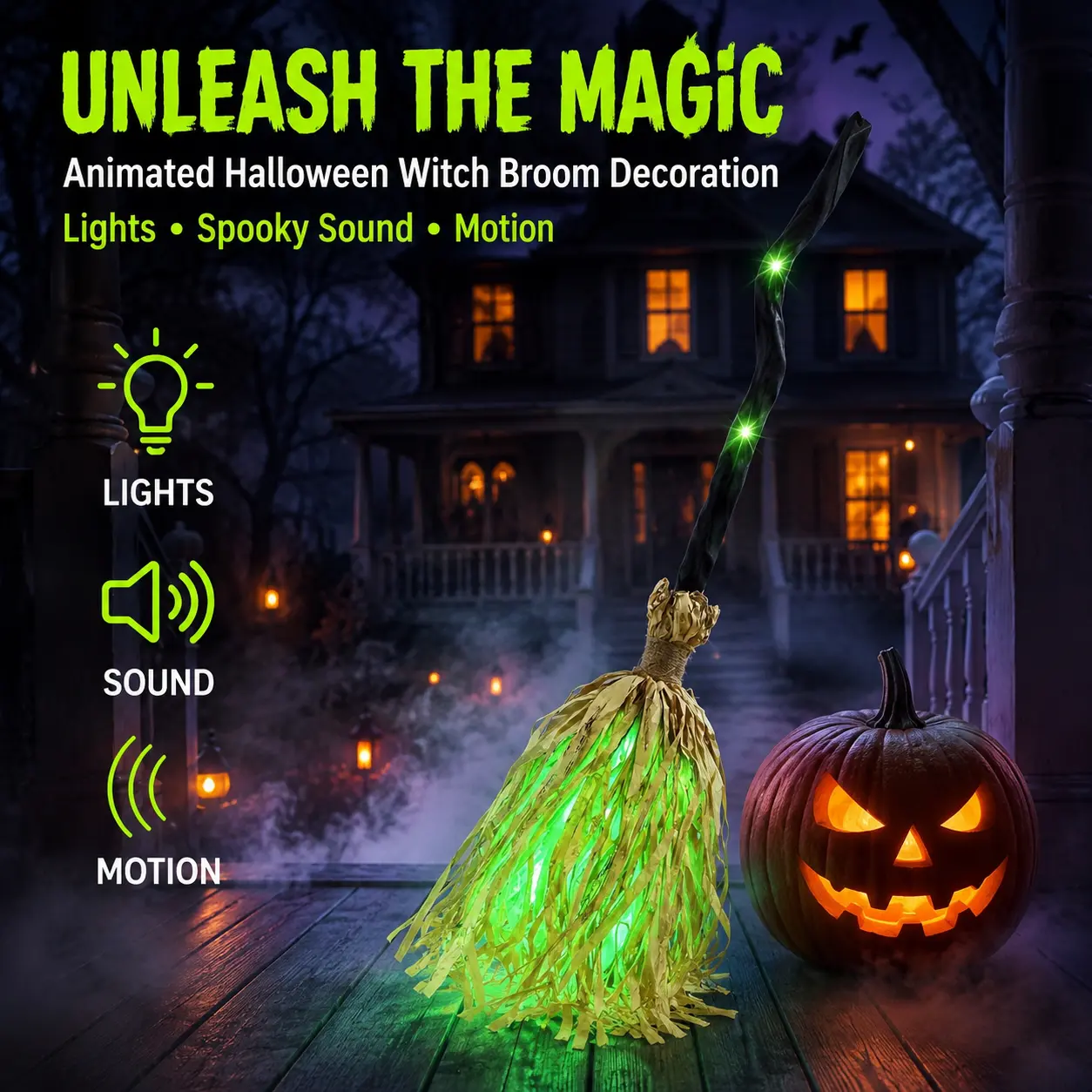 LED Glowing Motion-Activated Musical Raffia Witch Broom Decor, Indoor-Outdoor Halloween Party Ornament, Festive Holiday Home Supplies Gift