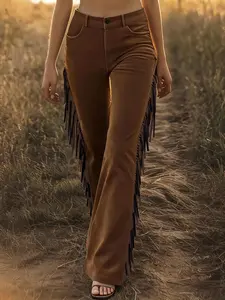 Women's Vintage Western Fringe Soft Suede Velvet Bell Bottom Fitted Pants, Casual Long Trousers, Trendy Style Vibe, 2026 Fashion, Womenswear