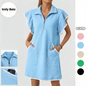 Imily Bela Womens Ruffle Sleeve Sweatshirt Dress Summer Oversized Zipper V Neck Mini Dresses Casual Vacation Outfits