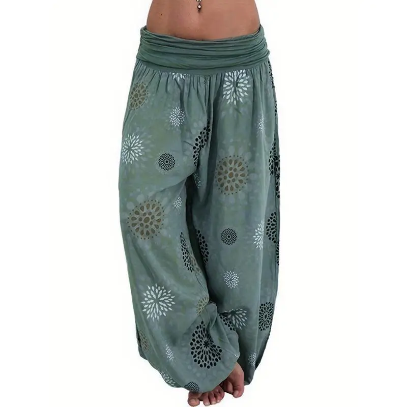 BohoFloralPrintHaremPants,VacationElasticWaistBeachPantsForSpring&Summer,Women'sClothing