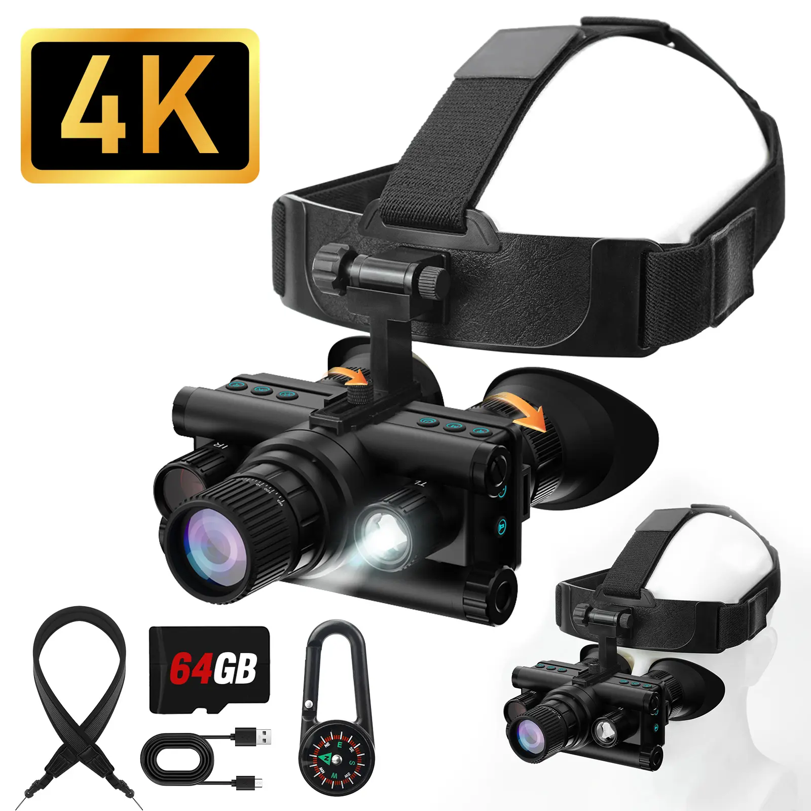 CIGMAN 4K Head-mounted Night Vision Goggles & Binoculars, Infrared NVG with Manual Focus, 8x Zoom Includes, 64GB Memory Card, f/1.0 Aperture Flashlight, Ideal for Hunting,Camping,Fishing,Telescope Hiking Essentials, Best Gift For Men, Hunting Season