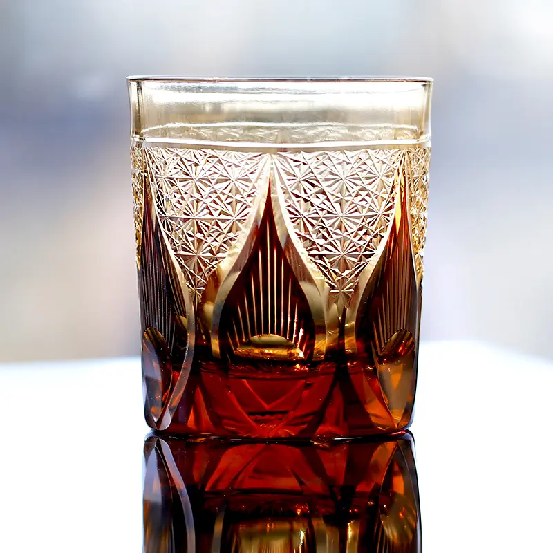JINZHI Japanese Style Whiskey Glasses-Luxurious 8 oz Amber Red Scotch Glasses -Hand Blown Crystal-Thick Weighted Bottom Rocks Glasses