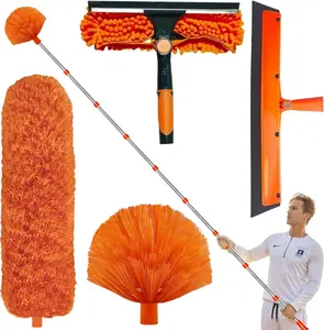 Household Lightweight High Reach Tool Kit with 3-14 Ft Extension Pole - 20+ Ft Ceiling Cleaning Set, Squeegee for Glass, Cobweb Remover, Feather Cleaner, Brush for Home Gutters, Fan Blades
