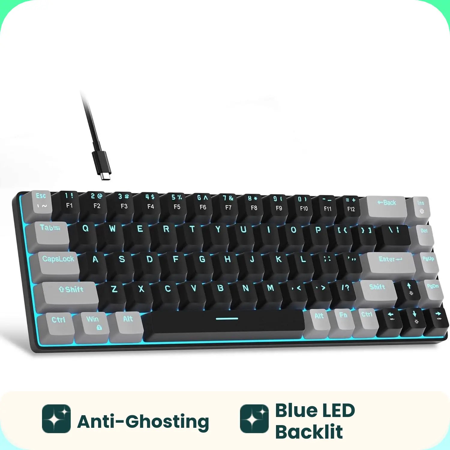 MageGee MK-Box 68 Keys Mechanical Keyboard, 60% Compact Gaming Keyboard, LED Backlit Wired Red Switch Mini Keyboard for PC Laptop Windows Mac, Black Grey