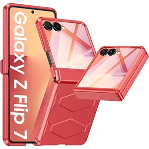 X-PCS34  for Samsung Galaxy Z Flip 7 Case with Hinge Protection, Built-in Screen Protector Shockproof All-Inclusive Phone Cover for Z Flip 7-Coral Red