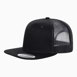6 Panel Flat Bill Mesh Trucker Hat - Black, Adjustable Snapback Closure, 65% Polyester 35% Cotton, Structured Design, Blank Without Brand Name