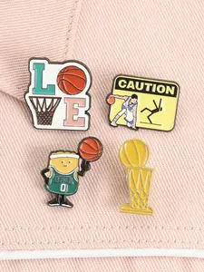 4Piece Basketball Theme Cartoon Enamel Pin Funny Sports Style with Celtics Player Championship Trophy Love Ball and Caution Sign Design Metal Brooches for NBA Fans Backpack Jacket Lapel Badge Decoration Jewelry Gift for Fans Friends