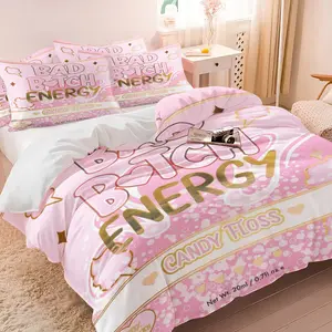 Sweet Cool Style Duvet Cover Set, Includes One Quilt Cover and Pillowcase, “Bad B*tch Energy” Letter Print Comforter Cover, Fashion Warm Bedroom Bedding