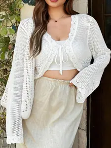 【Plus Size】 Hollow Out Cardigan, Casual Long Sleeve Tie Front Knitwear for Spring, Women's Plus Clothing for Daily Wear, Knitted Sweater