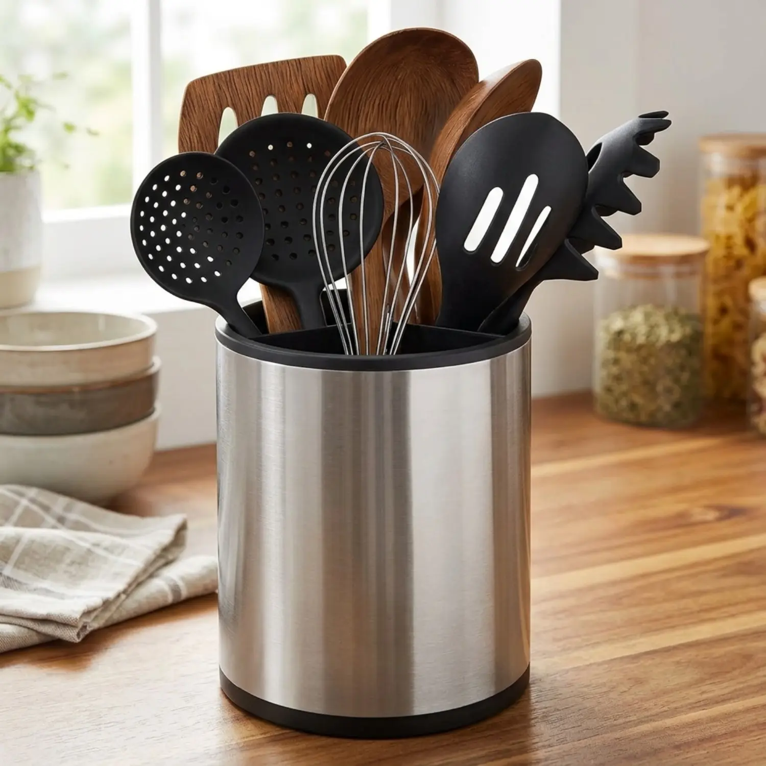 Littleox 360° Rotating Stainless Steel Kitchen Utensil Holder, Large Countertop Cooking Tool Storage Caddy with 3 Compartments & Removable Base, Organizer for Spatula Spoon Cutlery Flatware