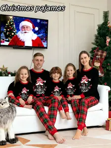 Family Christmas Pajamas Set for Men Women Kids, Cartoon Santa Top Plaid Pants, Casual Long Sleeve Fitted Sleepwear
