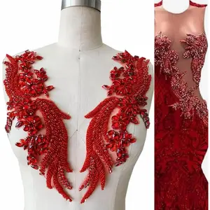 Handmade Rhinestones lace Applique handsewing Beads Trim Patches for Dress Clothing Accessories 35X12cm 1Pair/Bag