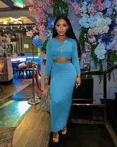USBOUTIQUE CHIC Women's 2026 Spring Two Piece Set Long Sleeve Crop Top & Maxi Skirt Casual Lounge Matching Outfit for Womenswear Fitted Stretchy Fabric