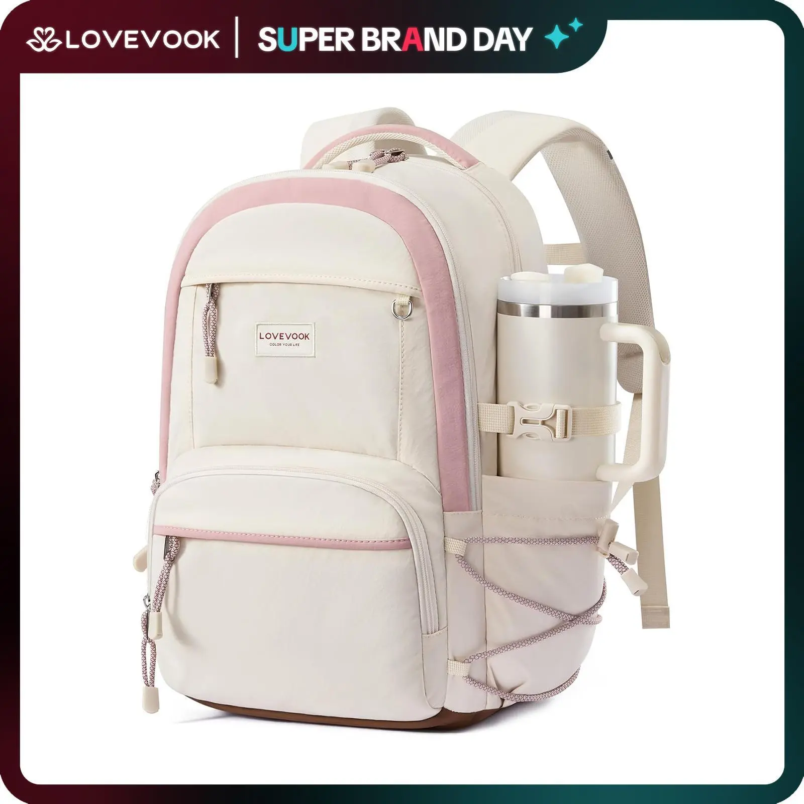 LOVEVOOK School Backpack for Girls, 15.6 Inch laptop Backpacks with Large Capacity Tumbler Holder, Lightweight College bag for women, Cute Travel Teen Bookbag Purse for Students,Off white-Pink