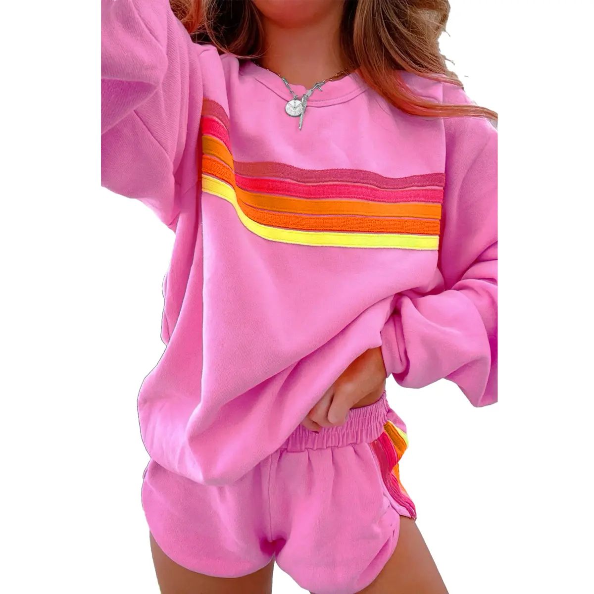 Znacicc Women's  Game Day Striped Accent Pullover and Shorts Two Piece Casual  Winteroutfit Set for Comfortable Daily Wear - Clothing, Lounge wear Cute Chic Long Sleeve Crewneck High Waist Womenswear Fitted